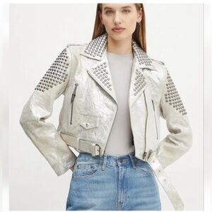 The Kooples Silver Metallic Studded Cropped Leather Moto Jacket Sz 3 Large NWT